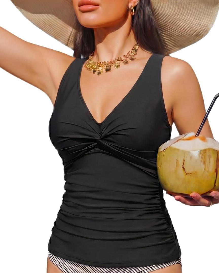 Women Underwire Tankini Top Only - Tummy Control Bathing Suit Top Twist Front Swim Top Criss Cross Back Swimsuit 2025 (Black, XXL)