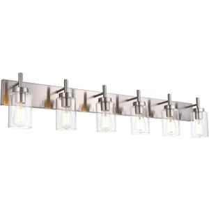 VINLUZ Bathroom Vanity Light Fixture Brushed Nickel with Clear Glass 6-Light Modern Wall Lighting Industrial Indoor Sconces Wall Mounted Lamp for Bedroom Kitchen (Patent No.: US D958,438 S)