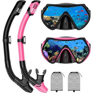 Snorkeling Gear for Adults, Adult Snorkel Mask Set Scuba Diving Dry-Top, Swimming Goggles w/Nose Cover, HD Tempered Glass Panoramic Anti-Leak Anti-Fog, Travel Snorkeling Packages Storage Bag, 2 Pack (Black+Pink)