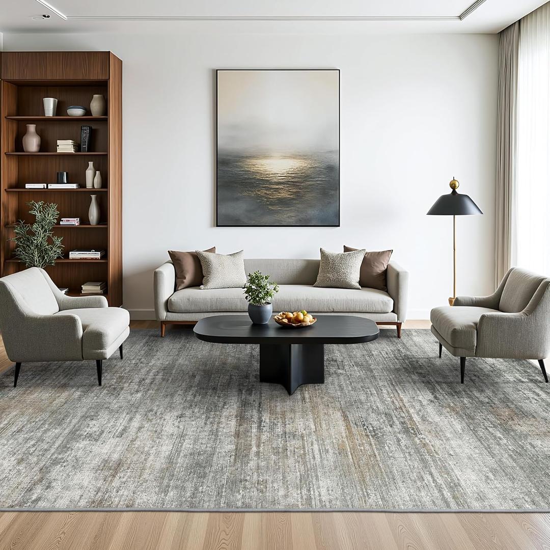 Area Rugs 8x10 for Living Room Bedroom, Modern Abstract Machine Washable Rug, Large Soft Low Pile Floor Cover with Non Slip Backing for Dining Room, Ash Gray Brown