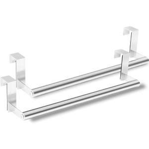 Over Cabinet Towel Holder, Stainless Steel Cabinet Door Towel Bar Rack Holders Fit on Over Cabinet Cupboard Doors, Kitchen, 2 Pack (Silver)