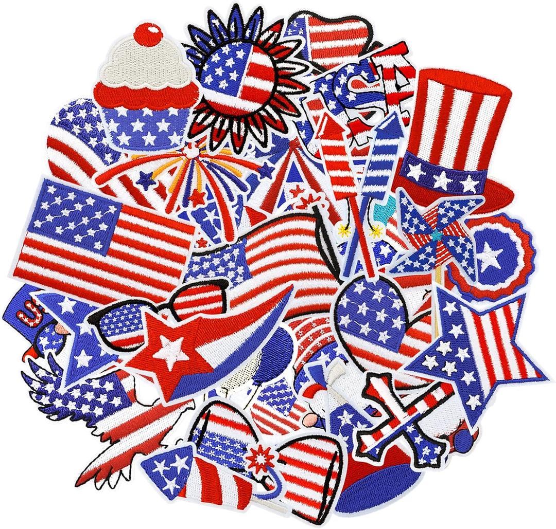 42 Pieces Independence Day Iron-On Patches 4th of July Patriotic Embroidered Applique Patches Iron on Patch American Flag Sew on Patches for Clothing Bags, Jackets, Jeans, Hats, Clothes DIY Decoration