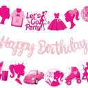 3Pcs Hot Pink Girl Happy Birthday Banners Glitter Hot Pink Princess Birthday Party Decorations for Girls Doll Theme Baby Shower Ladies Bachelorette Party Supplies