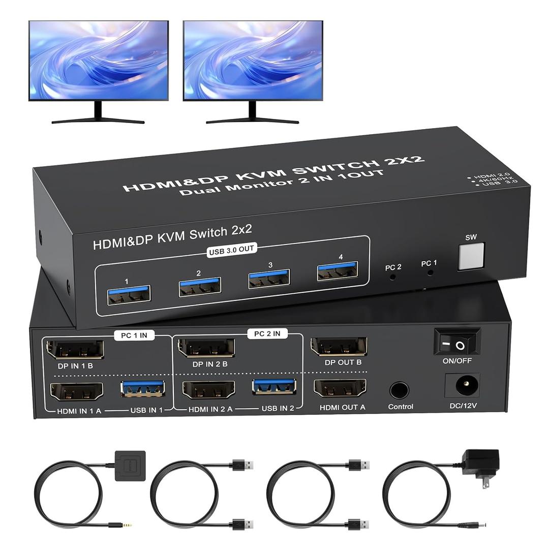 4K HDMI Displayport KVM Switch 2 Monitors 2 Computers Dual Monitor, 4K@60Hz KVM Switcher 2PC Extended Display for 2 Port Share 4 USB 3.0 Hub Keyboard Mouse Desktop Controller and 2 USB Cables Included