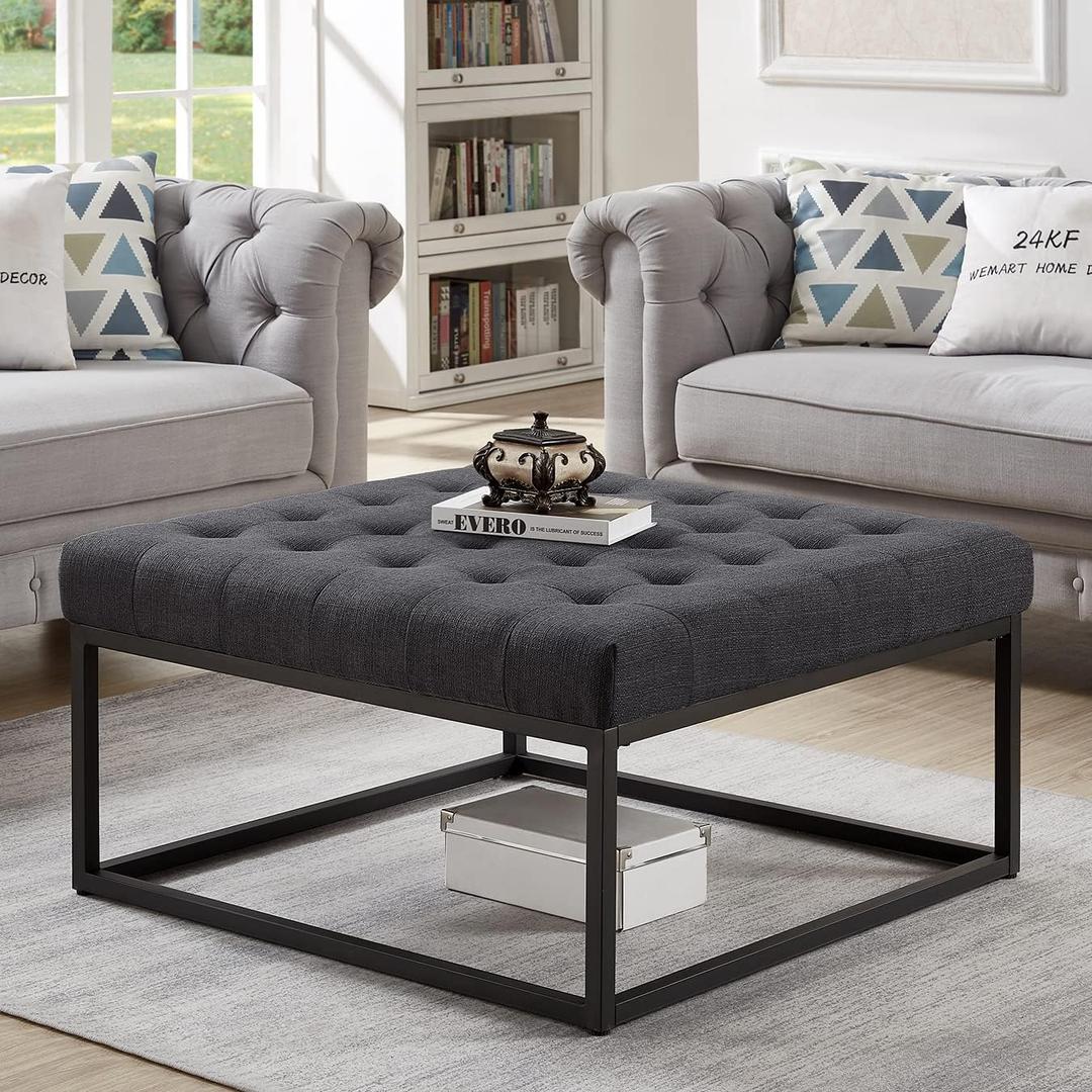 24KF Middle Century Upholstered Tufted Coffee Table with Linen Padded Seat, Large Square Ottoman with Black Metal Frame Dark Gray
