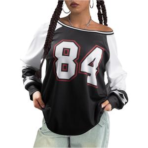 Oversized Jersey Shirts for Women Off Shoulder Tops Long Sleeve Y2K Jersey Clothes Loose Fit Graphic Tees (S)