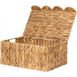 Wicker Basket with Scalloped Edge Lid, Water Hyacinth Storage Basket with Built-in Handles, Handwoven Wicker Box for Living Room, 15" L x 11 " W x 7" H