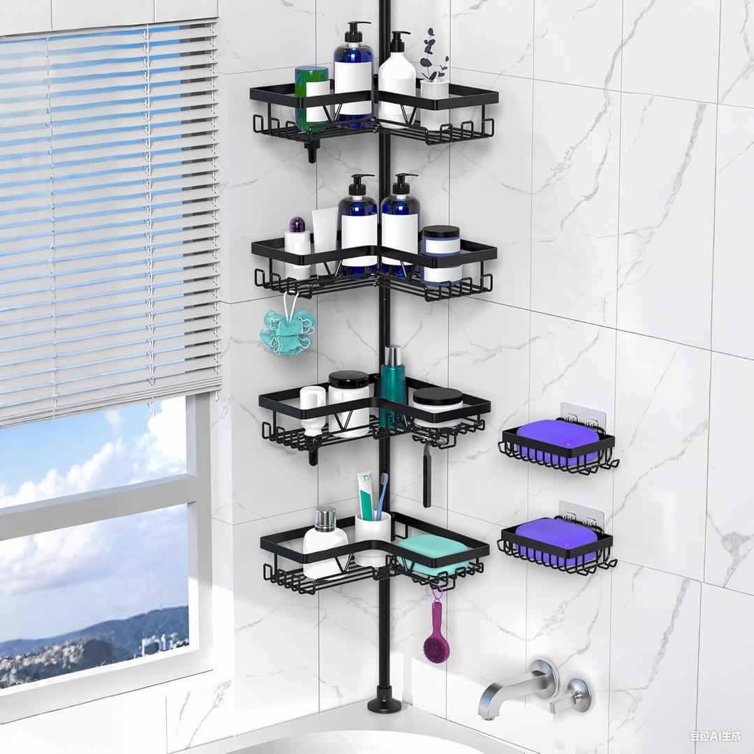 Tension Pole Shower Caddy Corner with 2 Soap Holders, 4 Tier Bathroom Shower Organizer Floor to Ceiling 25-114 inch, Adjustable, Multiple Hooks, Stable Base, Rustproof, Black