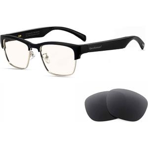 GenXenon Bluetooth Audio Smart Glasses, Blue Light Glasses for Women and Men, Open Ear Sound with Mic & Speakers, Blue Light Filter & Polarized Sunglasses Lenses, Voice Assistant (Black-Silver)