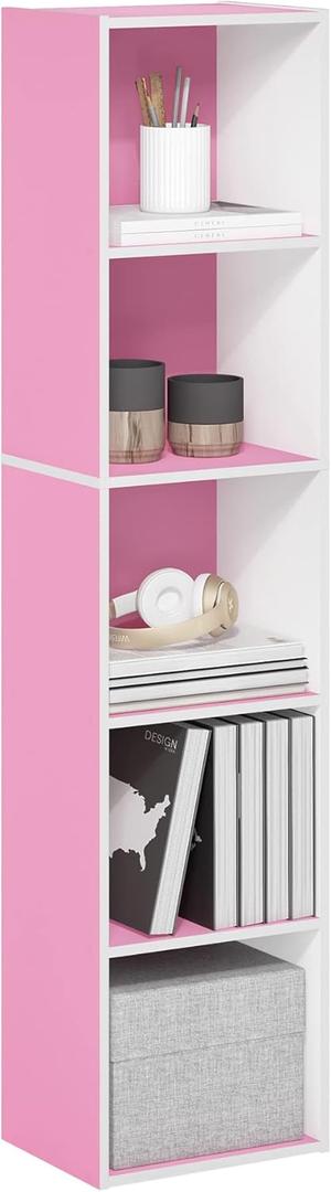 Furinno PASIR Book Shelf, 5-Tier Modern Bookshelf, Open Shelves Bookcase 9 x 12 x 52, for Living Room, Bedroom, Home Office, Pink/White