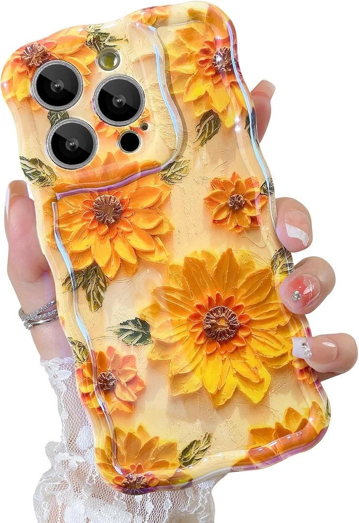 OOK Oil Painting Phone Case for iPhone 14 Pro Laser Glossy Cute Oil Painting Flower Pattern Curly Waves Bumper Design Soft Protective Cover for Girls Women Yellow Sunflower