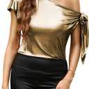 VIDUSSA Women's Off Shoulder Silk Tops Casual Short Sleeve Asymmetrical Neck Satin Blouse Shirts (Medium)