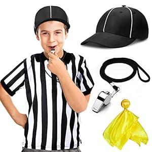 Funtery 4 Pcs Referee Costume Set Kids Referee Hat Stripe Shirt Whistle and Penalty Flag for Football Games Party Accessory (Large)