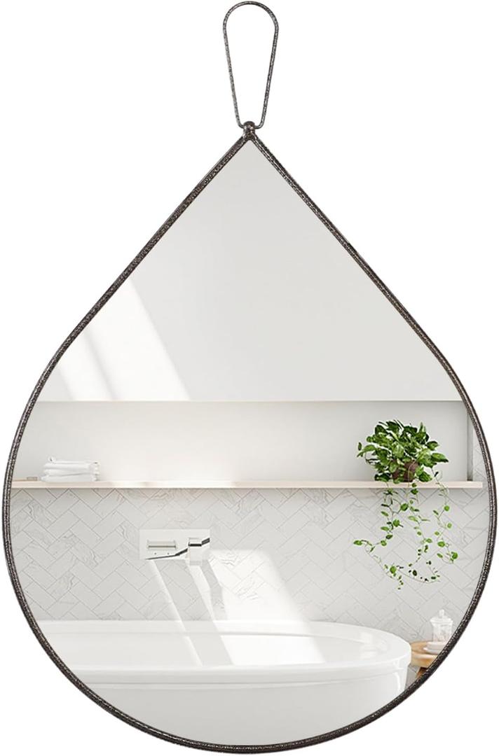 Small Decorative Teardrop Hanging Wall Droplet Mirror - Brass Metal Framed Mirror for Bathroom, Living Room, Hallway (16"L x 12"W, Bronze)