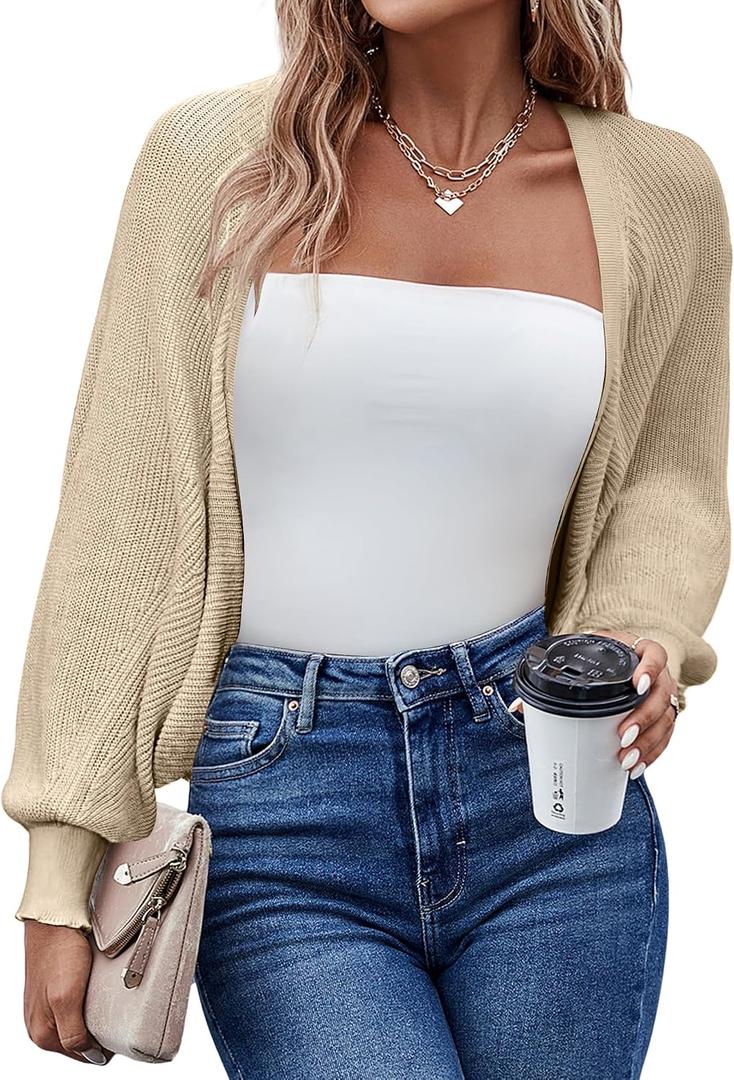 HOTOUCH Women's Cardigan Shrugs Long Batwing Sleeve Knitted Cropped Bolero Open Front Casual Elegant Cardigans for Dresses (Beige, S)