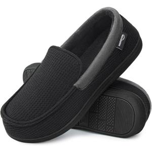 HomeTop Men's Comfort Memory Foam Moccasin Slippers, Breathable Cotton Knit Terry Cloth House Shoes for Indoor Outdoor (9 D(M) US, Black)