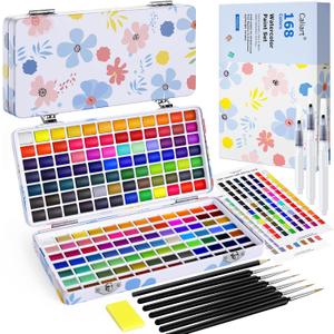 Caliart Watercolor Paint Set, 168 Colors Portable Water Color Palette Kit with Detail Paint Brush, Art Supplies Watercolor Painting Kit Drawing Gifts for Adults Beginners Professional Artists