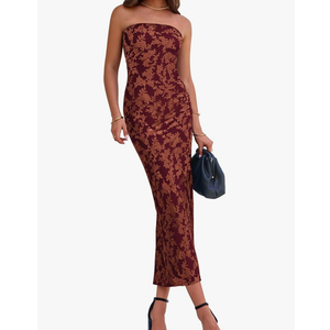 BTFBM Women Spring Dresses 2025 Elegant Wedding Guest Dresses Bodycon Tube Maxi Dress Split Floral Cocktail Dress, Red, XL