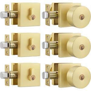 Goldenwarm Gold Exterior Door Knobs with Deadbolt, Zinc-Alloy Front Door Knobs and Deadbolt Set, Heavy Duty Brushed Gold Entry Door Lock Set - Single Cylinder, 3 Pack