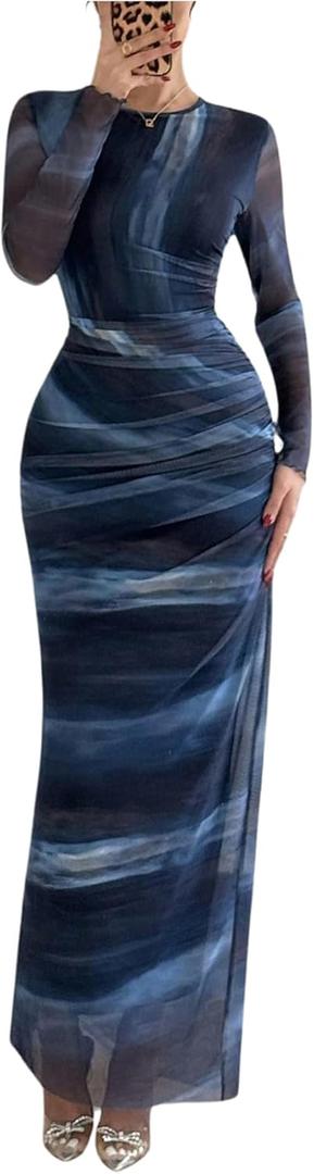 BEAUDRM Women's Y2k Leopard Print Mesh Sheer Bodycon Maxi Dresses Cheetah Long Sleeve Elegant Formal Wedding Guest Dress, Small 