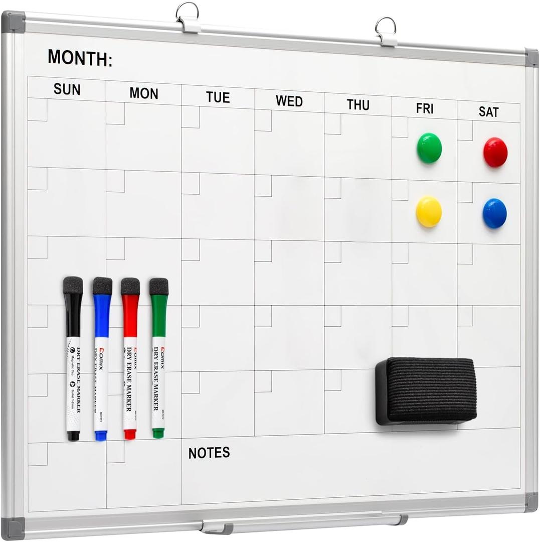 Comix Magnetic Dry Erase Calendar Whiteboard, 24 x 18 Inches Monthly Calendar Dry Erase Board for Wall, Aluminum Frame Planner White Board with Markers, Eraser, Magnets