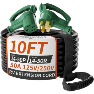 PlugSaf NEMA 14-50P/14-50R 10 FT 50 Amp RV/EV Extension Cord Outdoor with Grip Handle, 4 Prong Flexible Heavy Duty STW RV Power Cord Waterproof, 50A 125/250V 6250/12500W, Black-Green, ETL Listed