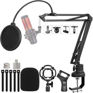 Boom Arm Suspension Mic Heavy Duty Microphone Arm for Blue Yeti, Hyperx Quadcast, Adjustable Boom Mic Stand Desk with Pop Filter, 1/4-3/8-5/8 Adapter, Mic Mounts,Broadcast