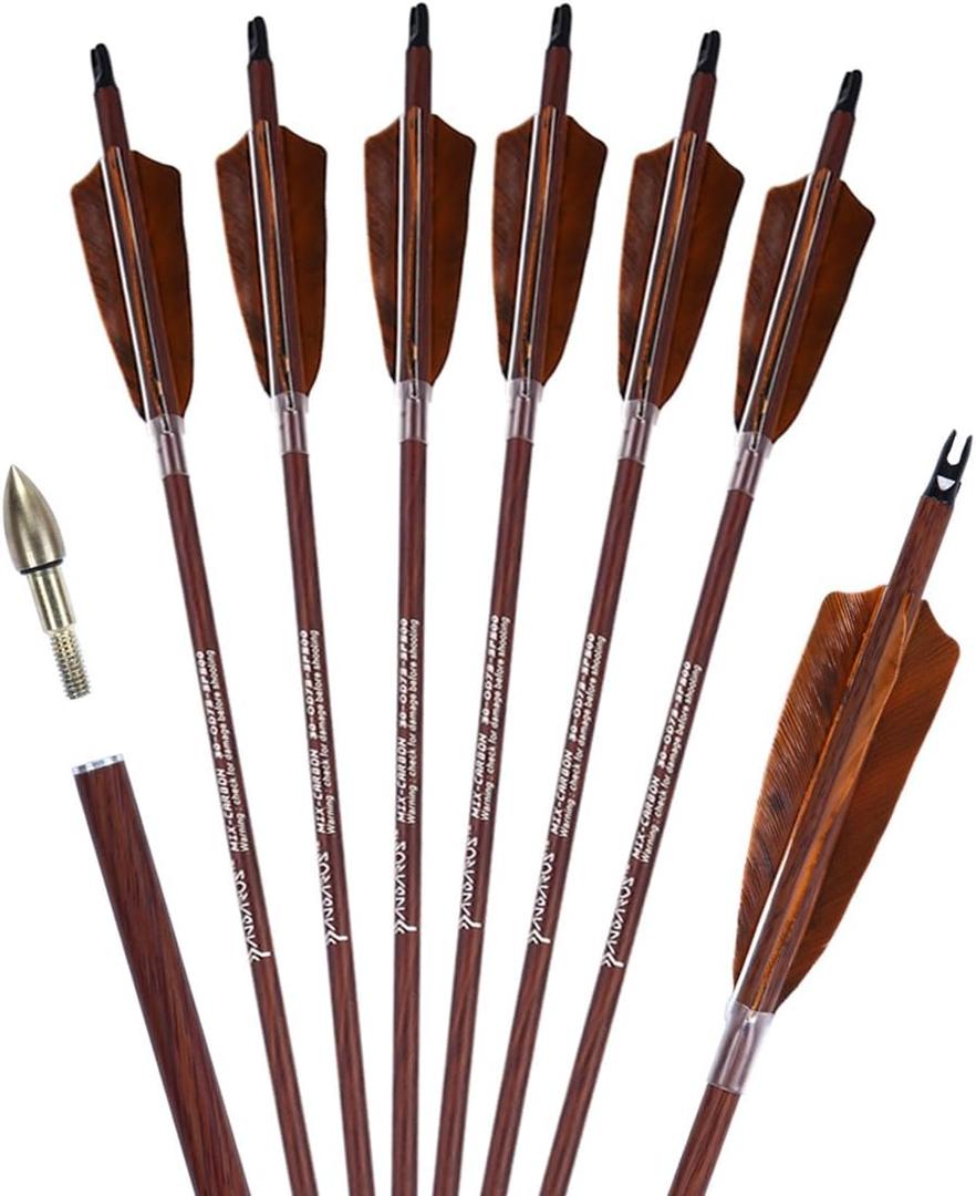 Archery 31-Inch Carbon Hunting Arrows, 4-Inch Turkey Feather Fletching with Replaceable Points, Targeting Practice Arrows Spine 500 for Recurve & Traditional Bows