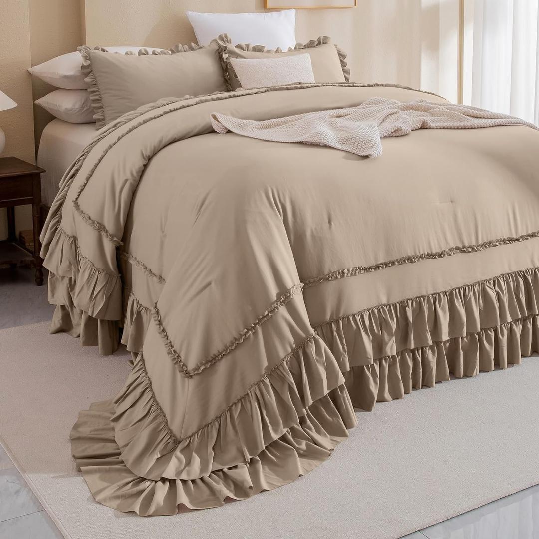 Masaca Oversized King Comforter 120x120,3 Pieces Farmhouse Ruffle Bedding Comforter,Light Taupe Shabby Boho Chic Oversized Comforter King Size,Lightweight Soft Microfiber Cal King Bedding Set