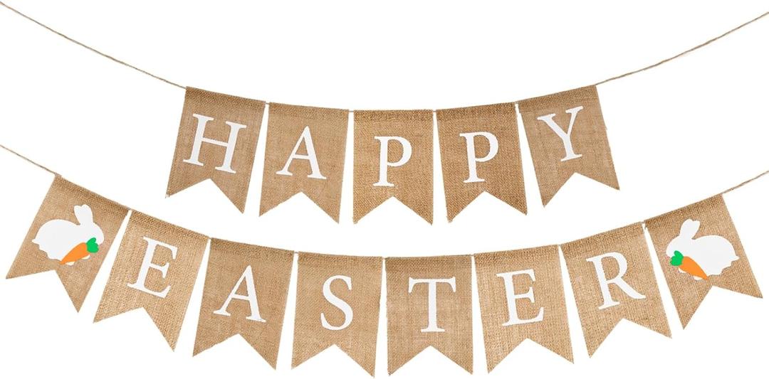 GCQQ Happy Easter Banner, No DIY Easter Garland, Cute Bunny Banners, Rustic Easter Banner Decorations for Fireplace, Mantle or Outdoors Decoration