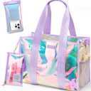 Beach Bag for Women Clear Iridescent Zipper Pool Swim Beach Tote Bag w/Makeup Bag & Waterproof Phone Pouch Summer Essentials (Lavender)