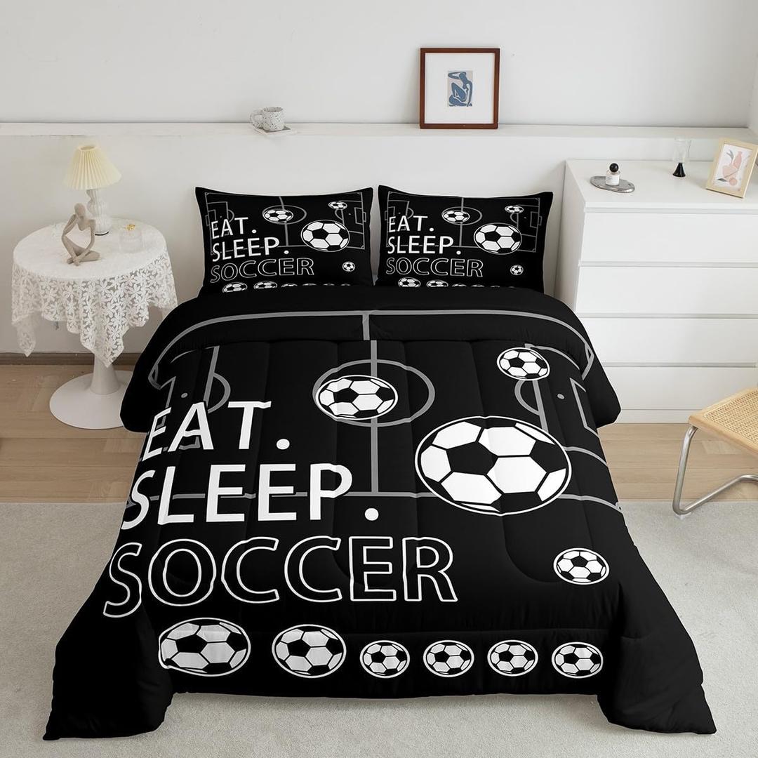 Feelyou Queen Size Soccer Comforter Set Boys Girls Football Bedding Set for Kids Teens Toddler Black White Duvet Set Soccer Ball Game Quilt Set 3Pcs