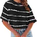 Tankaneo Women Half Sleeve Cropped T-Shirts Drop Shoulder Round Neck Crop Tops Casual Summer Solid Color Basic Tees (Black), L