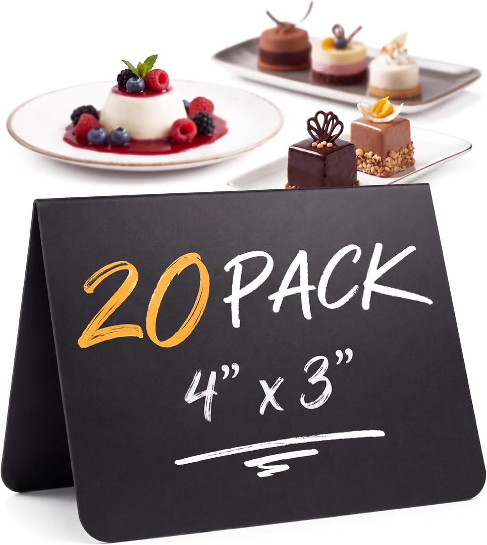 20 Pack Chalkboard Tent Signs 4x3 – Mini Tabletop Food Labels for Buffet Wedding & Party Use – Plastic Reusable Chalk Name Tags & Display Signs for Events