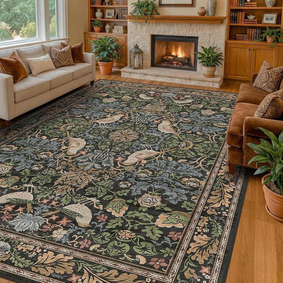 Vintage Green Rug for Extra Large Bedroom - Washable 10x12 Area Rug for Living Room, Dining Room Under Table, Boho Bird Decor, Soft Low Pile Non-Slip & Stain Resistance Brown Accent Carpet