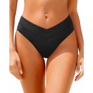 Daci Women V Cut Bikini Bottoms - Mid Waist Cheeky Swim Bottoms High Cut Bathing Suit Bottoms (Black, S)