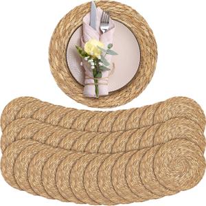 Aneco 36 Pack 13.8-Inch Round Woven Placemats Natural Hand-Woven Boho Rattan Wicker Bulrush Placemat Farmhouse Rustic Braided Table Mats for Dining & Kitchen Decor