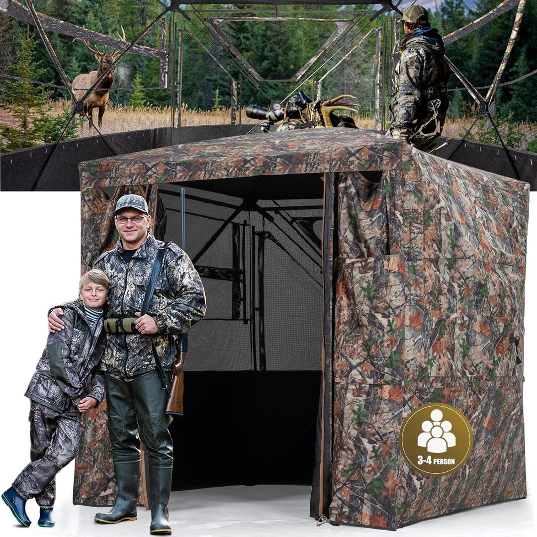 HUNTSEN 3-4 Person Hunting Blind - 270 Degree See Through Deer Blind with Magnetic Full Open Door - Pop Up Ground Blinds - Portable Resilient Hunting Tent for Deer & Turkey