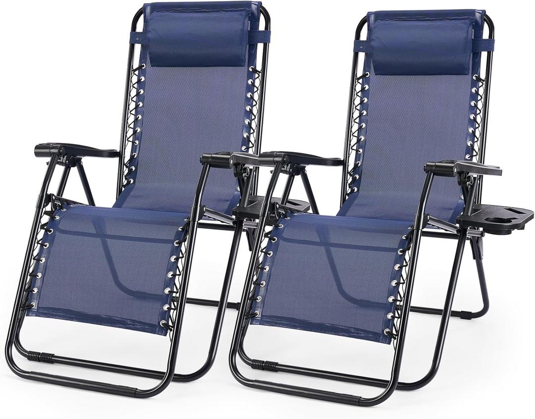 Zero Gravity Chair Set of 2, Lounge Chair Folding Portable Adjustable Camping Reclining Chairs with Adjustable Pollow, Mesh Back, Cup Holder Trays Lawn Patio Chair for Pool Beach - Blue