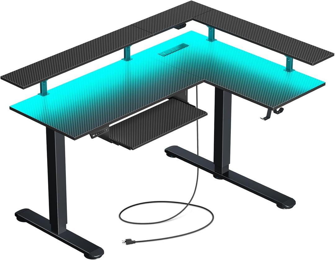 Rolanstar Electric Standing Desk L Shaped with LED Light & Power Outlet, Dual Motor Height Adjustable, Includes Monitor Stand & Keyboard Tray, 61.2" Sit Stand Desk, Carbon Fiber Black
