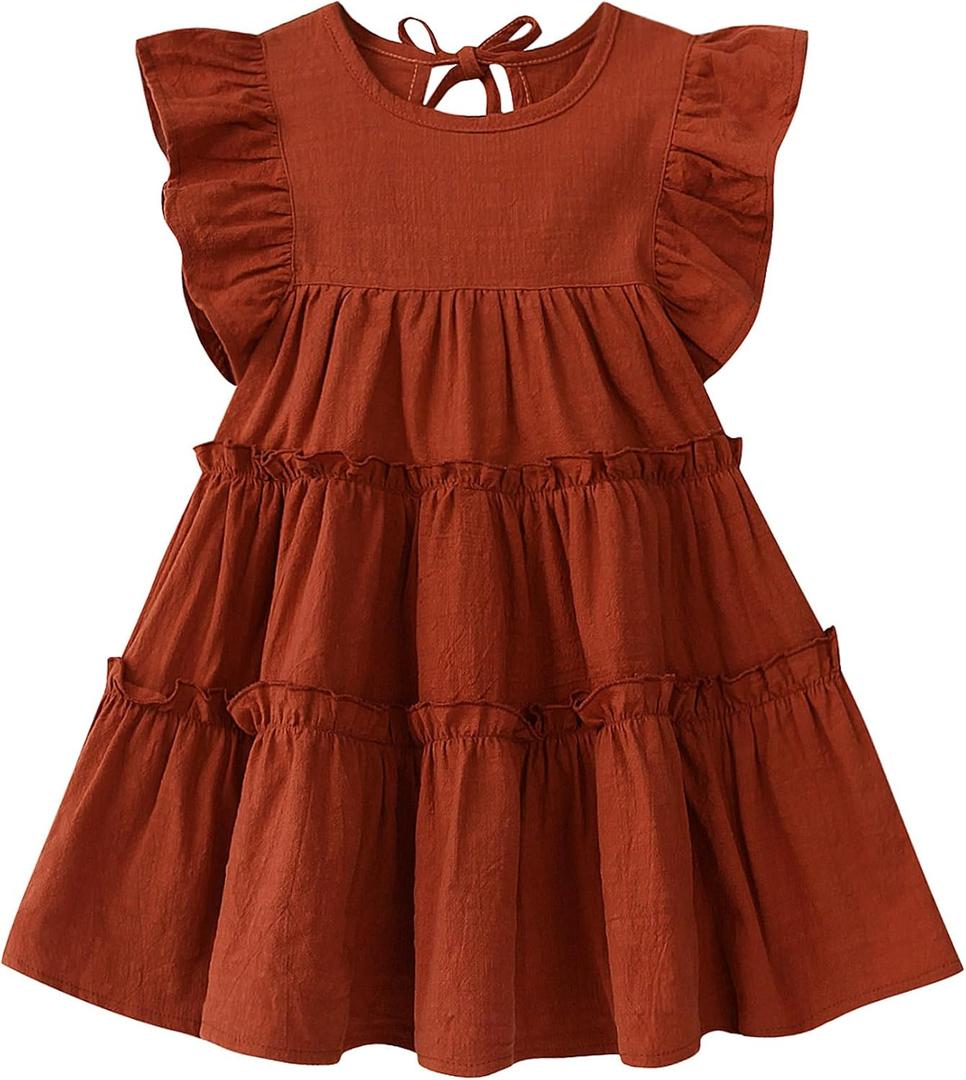 Toddler Baby Girl Dress Summer Cotton Linen Ruffle Halter Sleeveless Kids Casual Beach Party Dresses 1-6 Years (3-4T, Caramel Brown Dress)