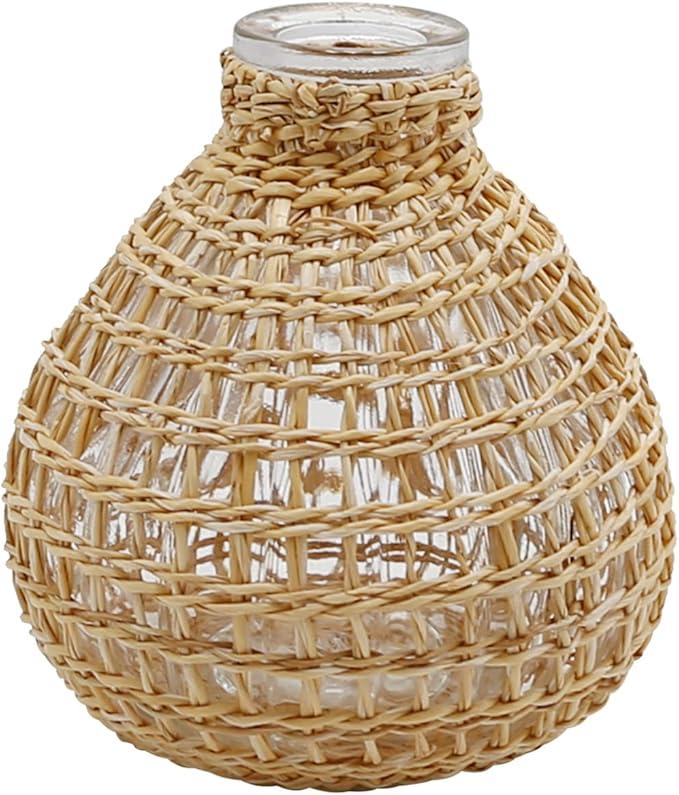 Anxingo Vase with Rattan Cover, Rattan Decorative Vase, Can Be Used for Flower Arrangements, Essential Oil Aromatherapy, Home Decoration, Restaurant Decoration (Spherical)