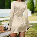 HYPERFIRE Women's Elegant Sqaure Neck Satin Long Sleeve Mini Dress Wedding Cocktail Dresses (Gold)