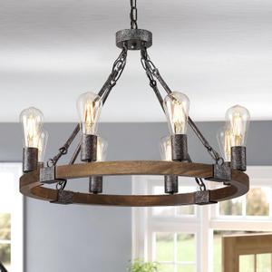 Benkut Farmhouse Wagon Wheel Chandelier 23.6" Black Rustic Light Fixtures 8-Light Wood Round Chandelier for Dining Room Kitchen Entryway Foyer