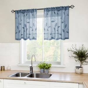HOMEIDEAS Stone Blue Sheer Kitchen Curtains 30 X 24 Inch Length 2 Panels Embroidered Leaf Pattern Short Bathroom Window Curtains for Small Window Valance Tiers