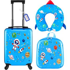 Sanwuta 4 Pcs Kids Luggage Set Carry On Rolling Suitcase Backpack Neck Pillow Travel Set Gift for Girls Boys Summer Camp(17 Inch,Astronaut Style,Blue)