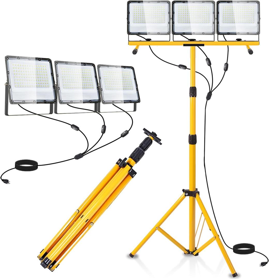 45000 Lumen LED Work Lights with Stand - 3 Head Portable Work Light on Stand - IP65 Waterproof Tripod Work Lights for Outdoor Indoor Job Site Workshop Garage Construction Site Lighting