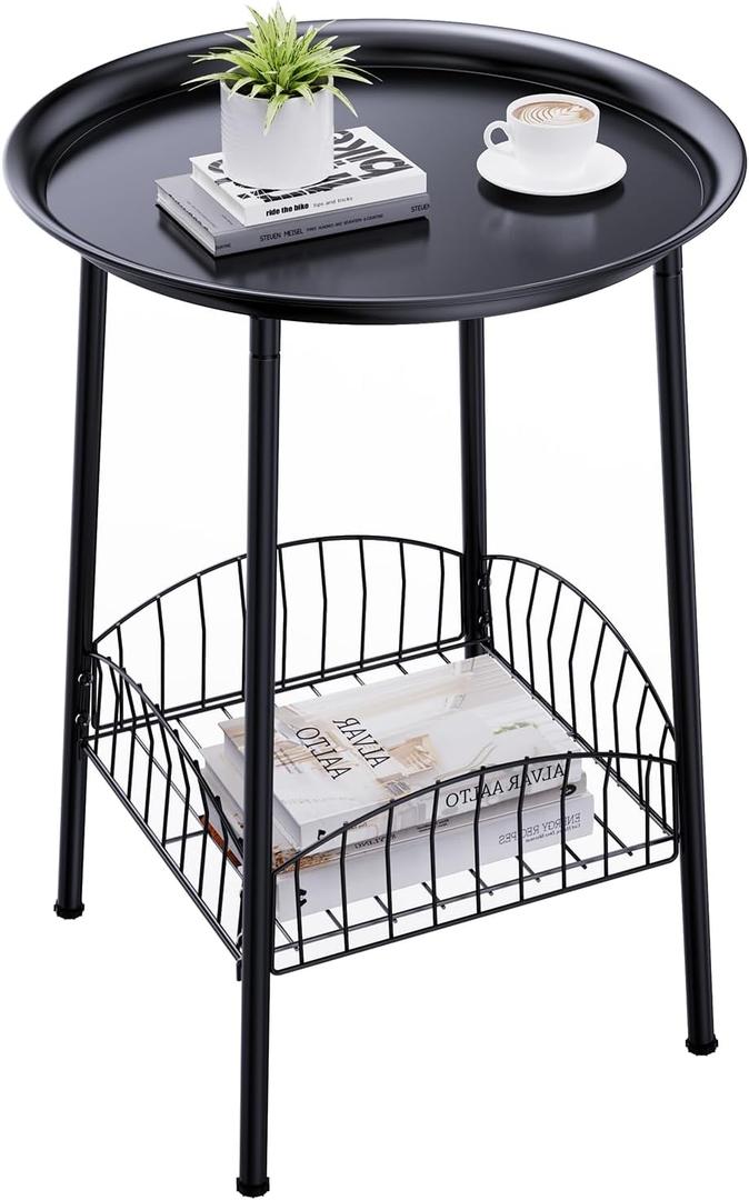 Small Outdoor Side Table, 2-Tier Round Metal Patio Table, Accent Table Waterproof, Weather Resistant End Table for Yard Porch Pool Balcony Garden Bedside (Black), 16x16x22 Inches