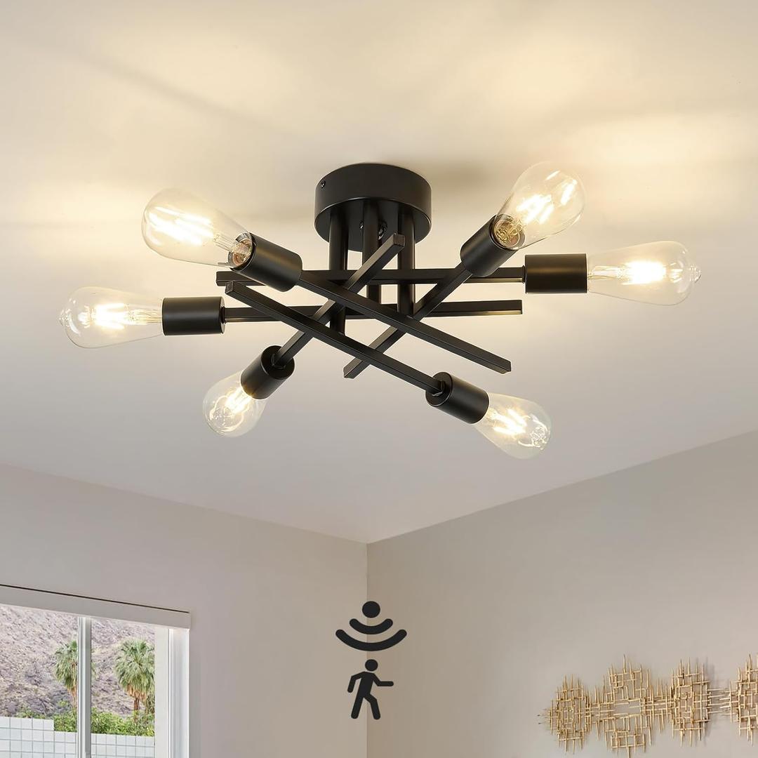 Semi Flush Mount Motion Sensor Ceiling Light Fixture6 Lights Black Vintage Matte Sputnik Chandelier Ceiling Lamp with E26 Bulb Base for Farmhouse Dining Room Living Room Bedroom Study Kitchen