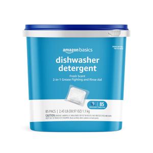 Amazon Basics Dishwasher Detergent Pacs, Fresh Scent, Cuts Grease, Rinses Clean, Removes 24HR Dried-On Stains, 85 Count (Previously Solimo)
